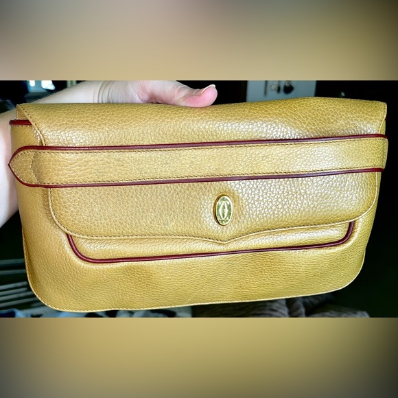 Vintage Cartier Mustard Leather Bag Clutch With Signature Bordeaux Lining